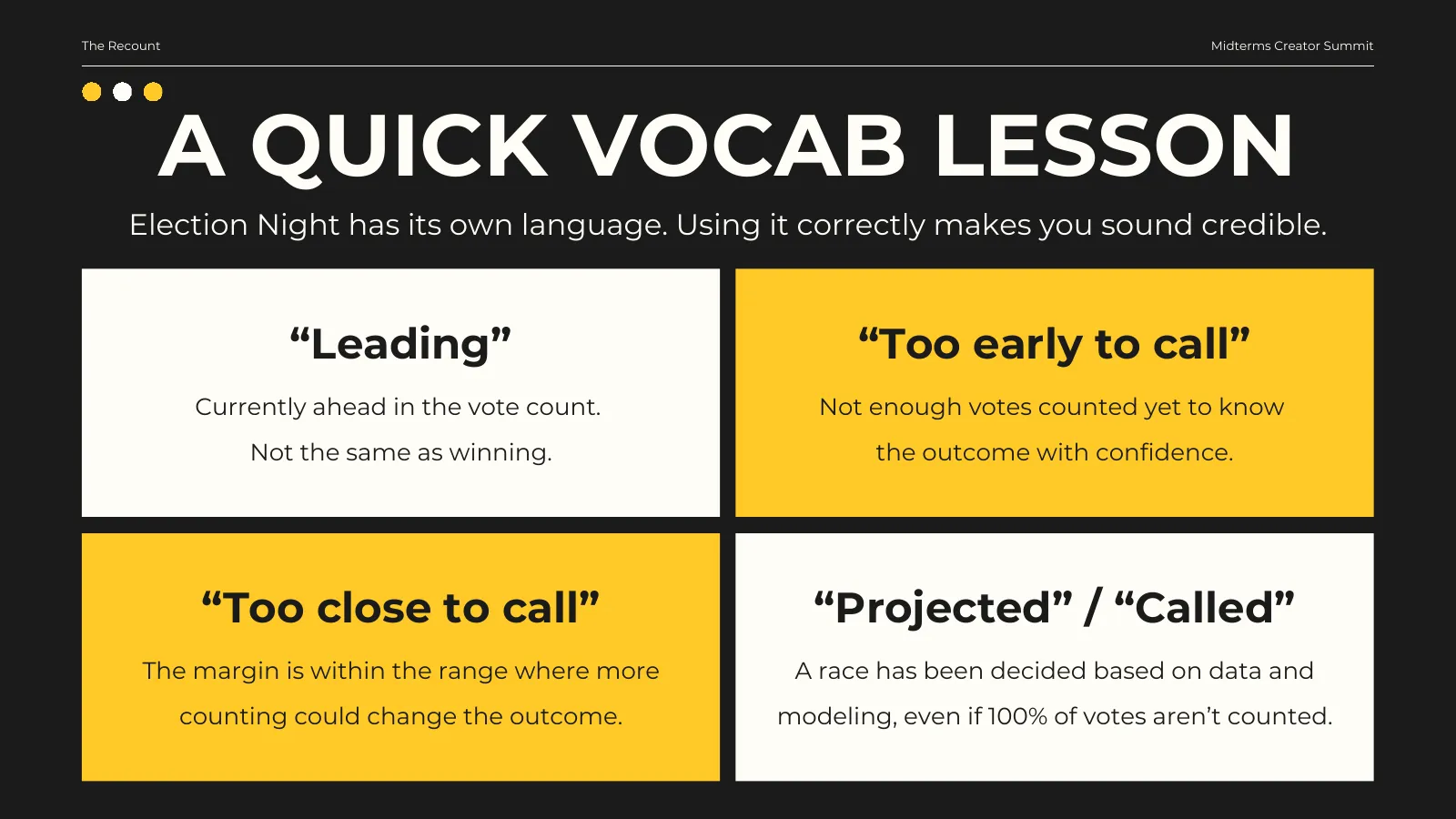 A quick vocab lesson. Election Night has its own language; using it correctly makes you sound credible. “Leading”: currently ahead in the vote count, not the same as winning. “Too early to call”: not enough votes counted yet to know the outcome with confidence. “Too close to call”: the margin is within the range where more counting could change the outcome. “Projected” / “Called”: a race has been decided based on data and modeling, even if 100% of votes aren’t counted.